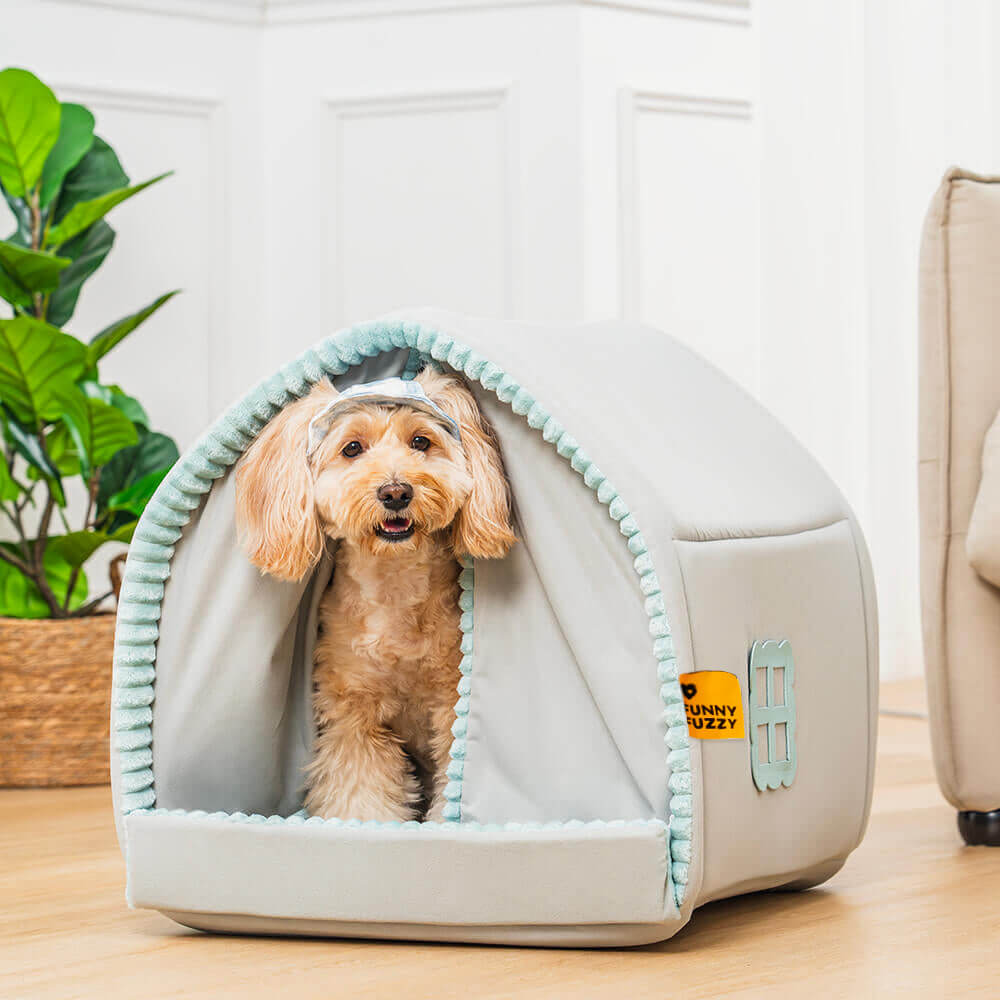 Sicheres Hundebett mit Doppelvorhang für einen privaten Schlafplatz, perfekt für ängstliche Hunde.