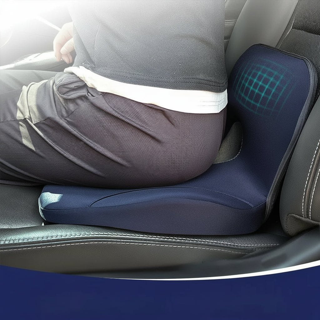 Ergonomisches L-förmiges Hüftstützkissen aus Memory-Schaum für optimalen Sitzkomfort im Auto oder Büro.