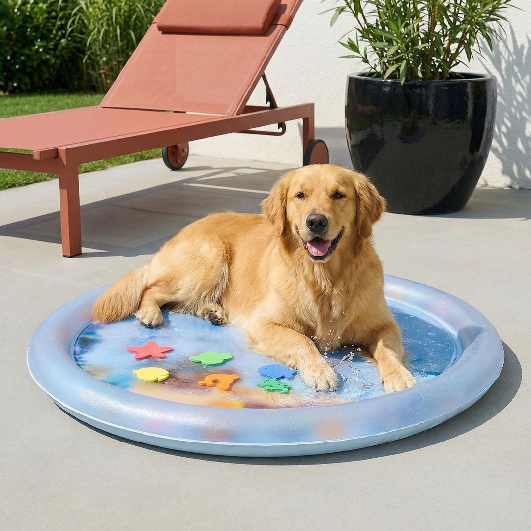 Labrador spielt fröhlich auf kühlendem Wasserspielbett für Hunde, genießt Erfrischung im Sommer.