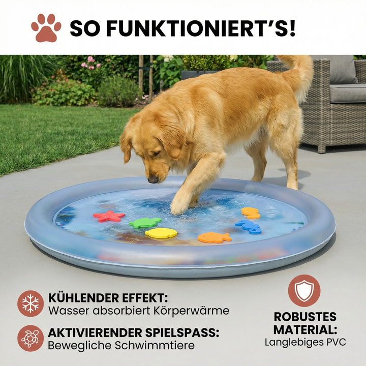 Nahaufnahme des Wasserspielbetts für Hunde mit spritzenden Düsen, ideal für heiße Sommertage.