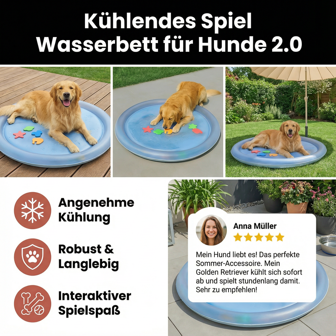 Kleiner Hund kühlt sich auf interaktiver Wasserspielmatte ab, perfekt als Outdoor-Sommerspielzeug.