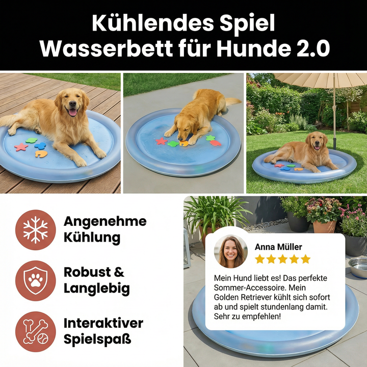 Kleiner Hund kühlt sich auf interaktiver Wasserspielmatte ab, perfekt als Outdoor-Sommerspielzeug.