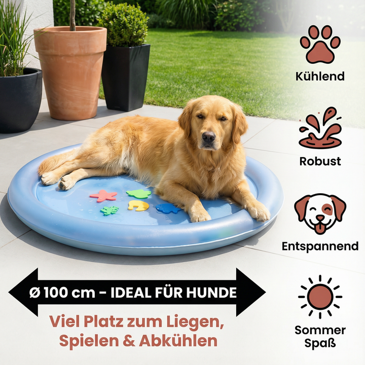 Glücklicher Hund planscht im erfrischenden Wasserspielbett, tolles Haustier-Sommerspielzeug.
