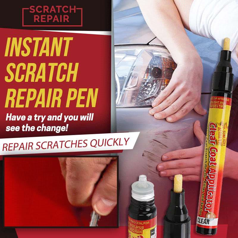 Hand hält transparenten Lackstift zur DIY Autolack-Reparatur. Schneller Kratzerentferner für jedes Auto.
