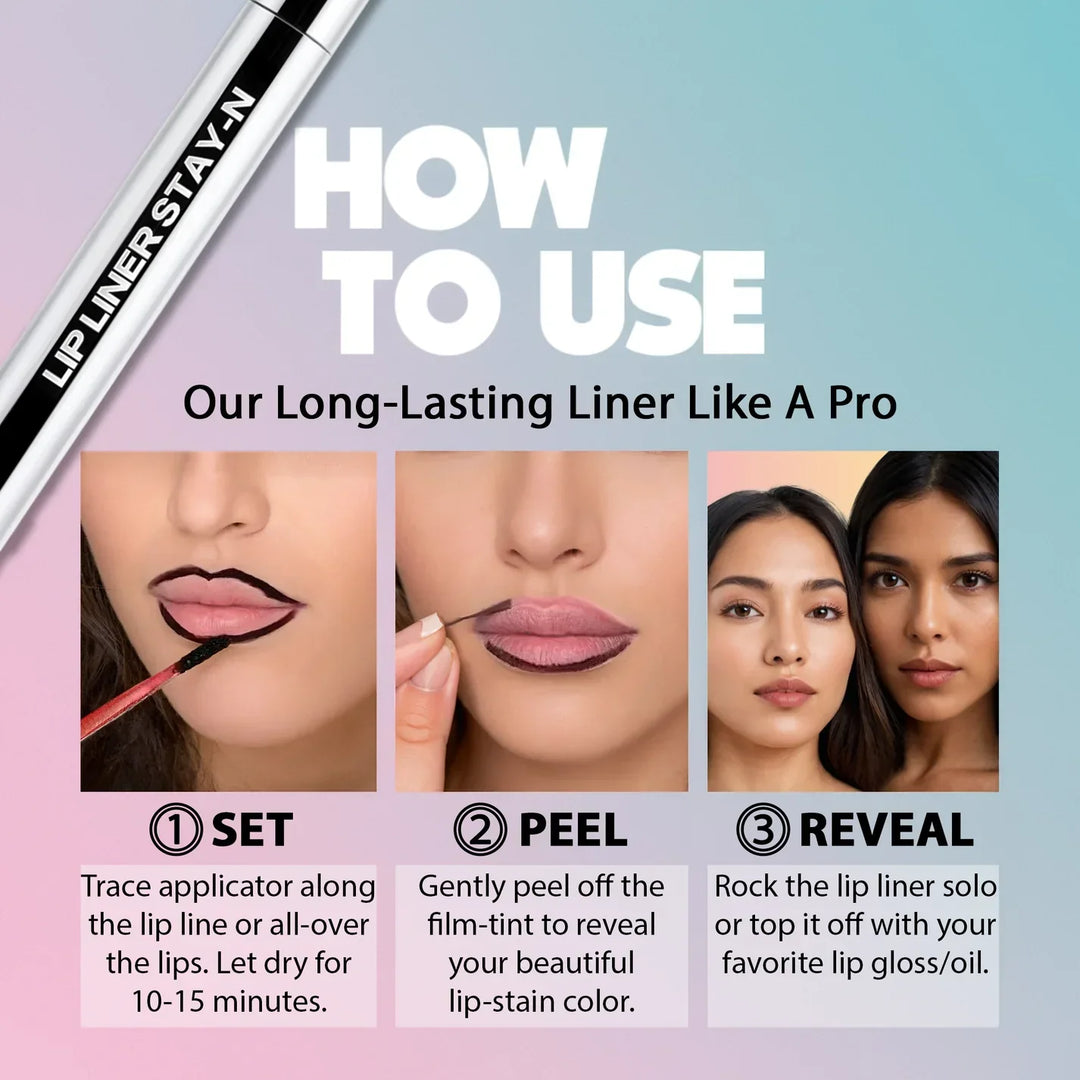 Farbmuster des langanhaltenden Peel-off Lippenstifts: intensive Nude-Pink-Mauve Töne.