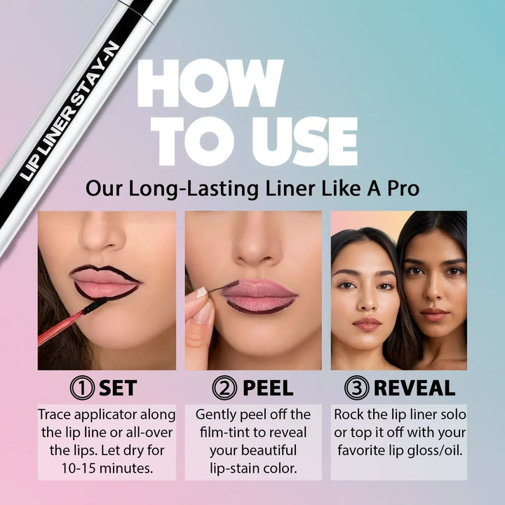 Farbmuster des langanhaltenden Peel-off Lippenstifts: intensive Nude-Pink-Mauve Töne.