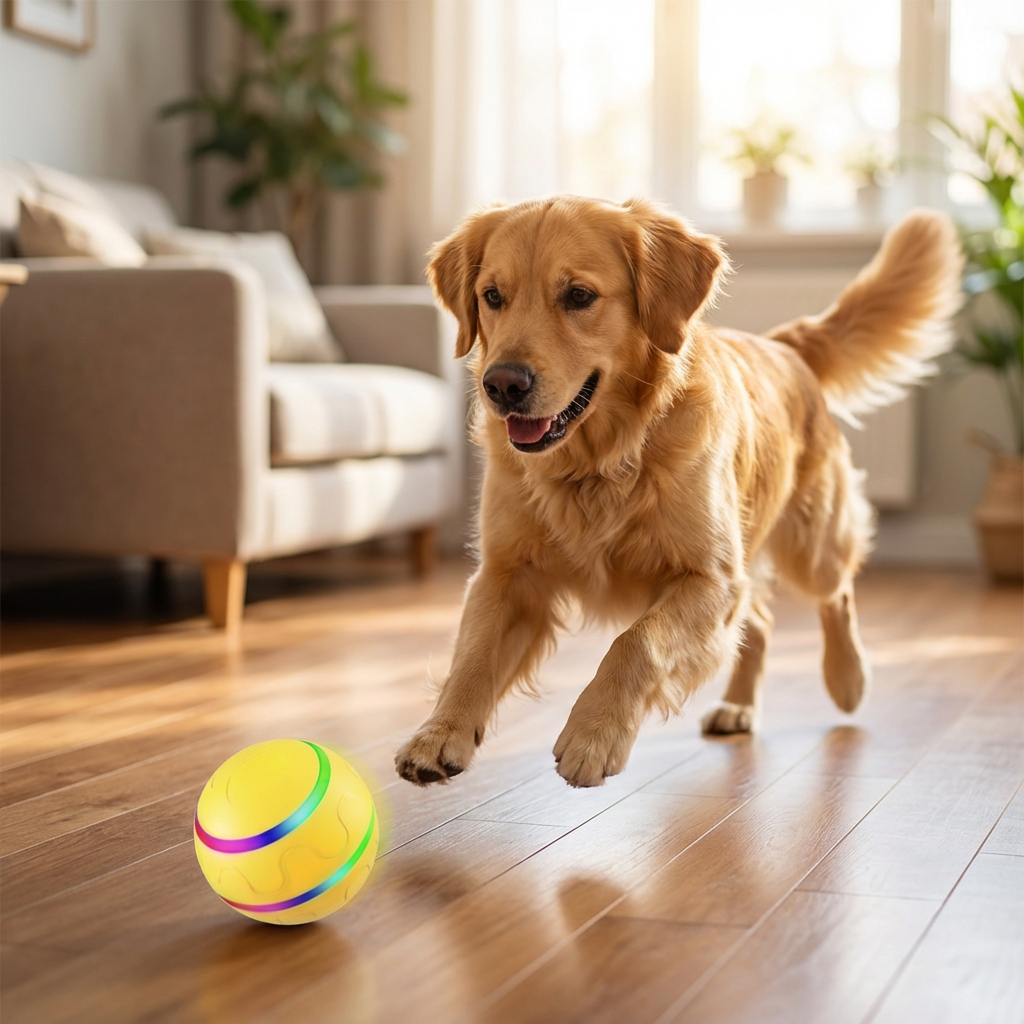 Langlebiger, selbstrollender Hundespielball für interaktive Beschäftigung; robustes Indoor-Spielzeug für Hunde.