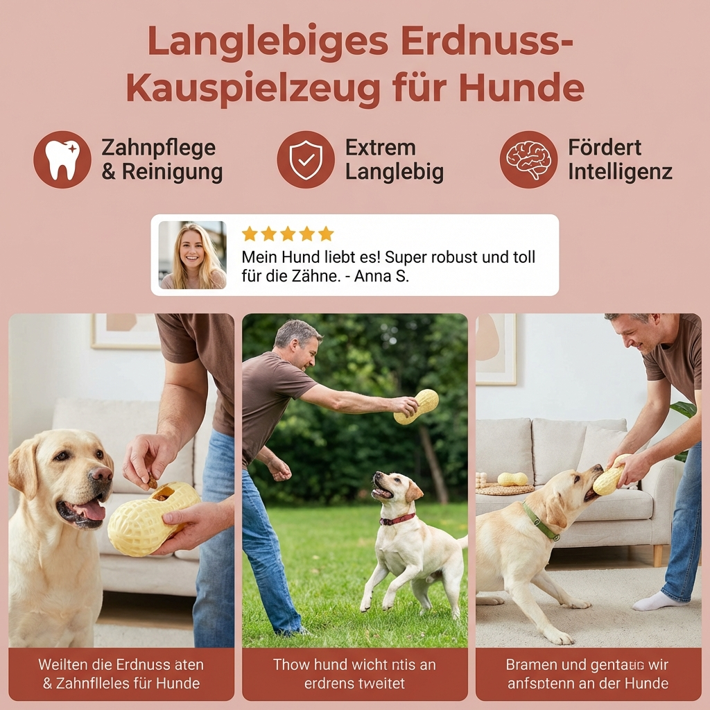 Interaktives Erdnuss-Kauspielzeug für Hunde zur Stressreduktion, Zahnpflege & Beschäftigung. Langlebig.