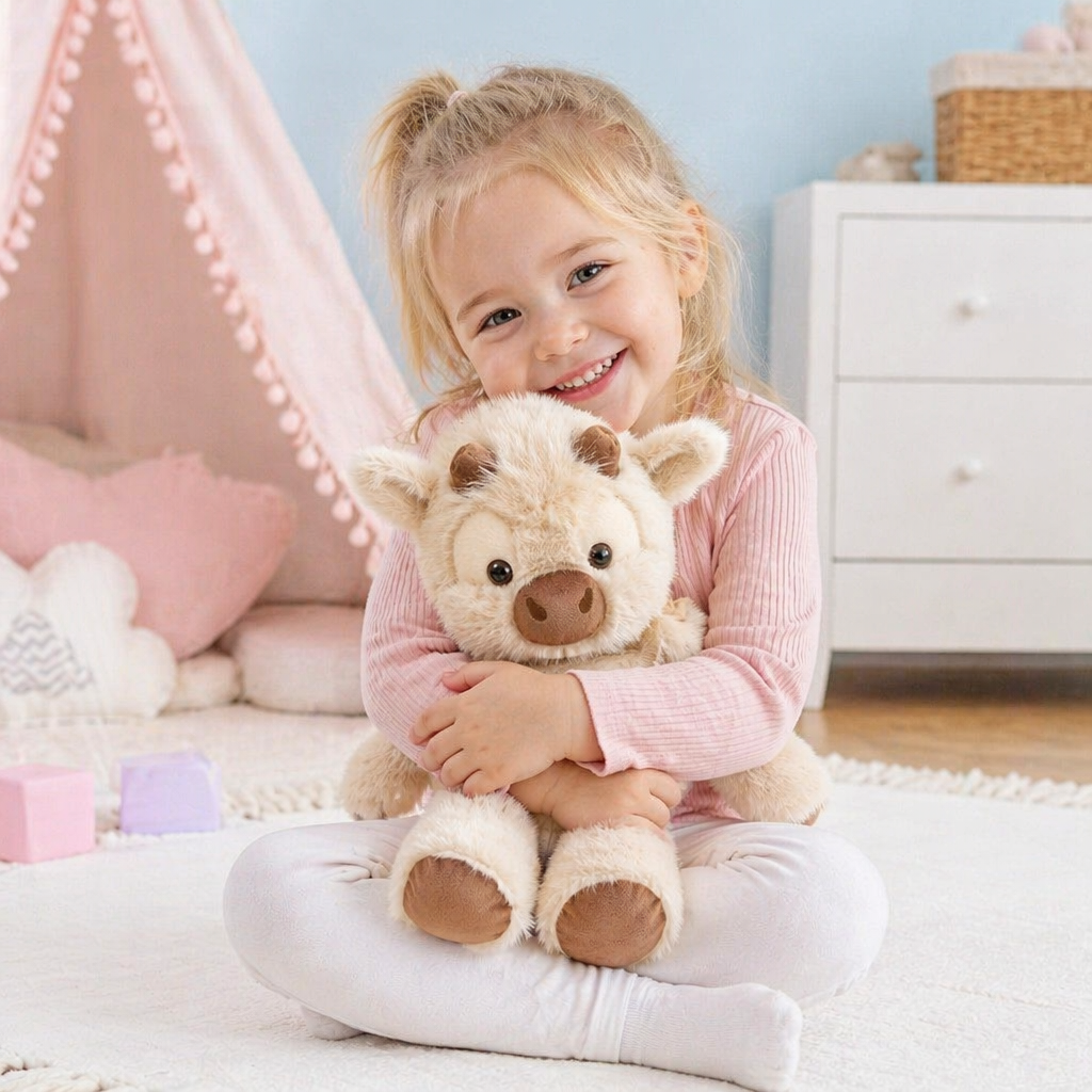 Laufendes Plüsch-Kälbchen für Kinder, weich & beruhigend. Interaktives Spielzeug und Einschlafhilfe für Kleinkinder.