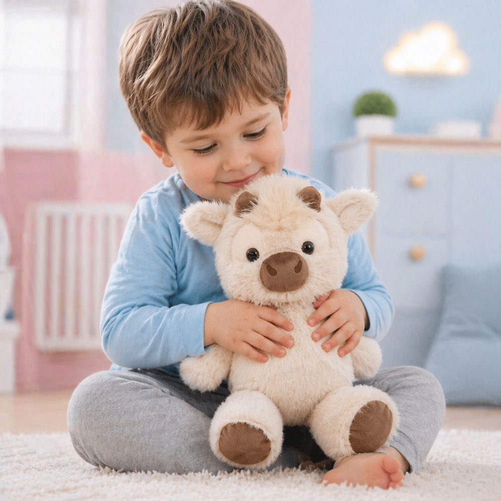 Weiches Kälbchen Plüschtier, ideal für Kinder. Kuscheltier als beruhigende Einschlafhilfe und Spielbegleiter.