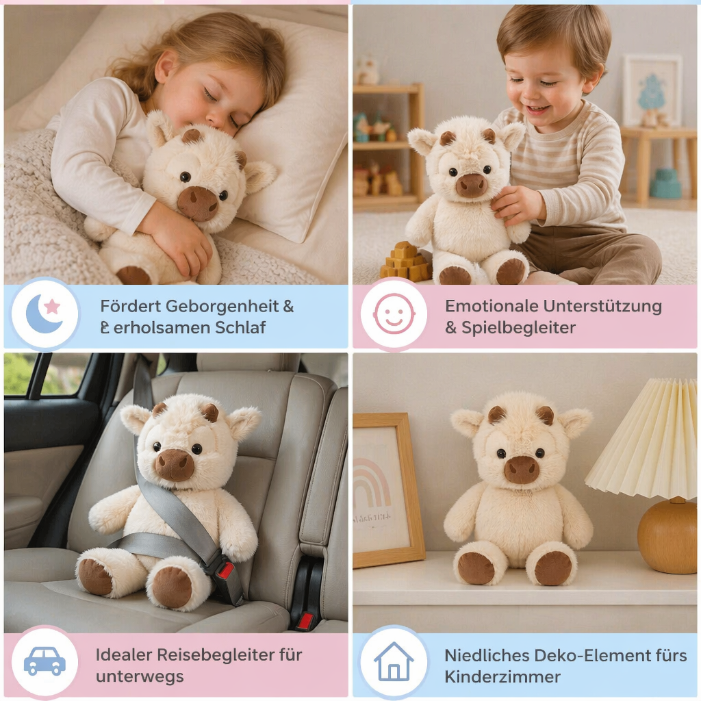 Beruhigendes Plüschtier Kälbchen für Kleinkinder, weiches Kuscheltier als Spielzeug und Begleiter zum Einschlafen.