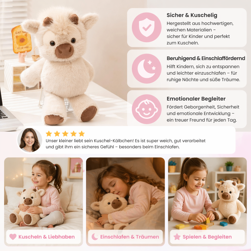 Hochwertiges Plüsch-Kälbchen, weich und flauschig. Laufendes Spielzeug, ideales Geschenk & Einschlafhilfe für Kinder.