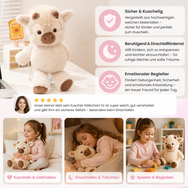 Hochwertiges Plüsch-Kälbchen, weich und flauschig. Laufendes Spielzeug, ideales Geschenk & Einschlafhilfe für Kinder.