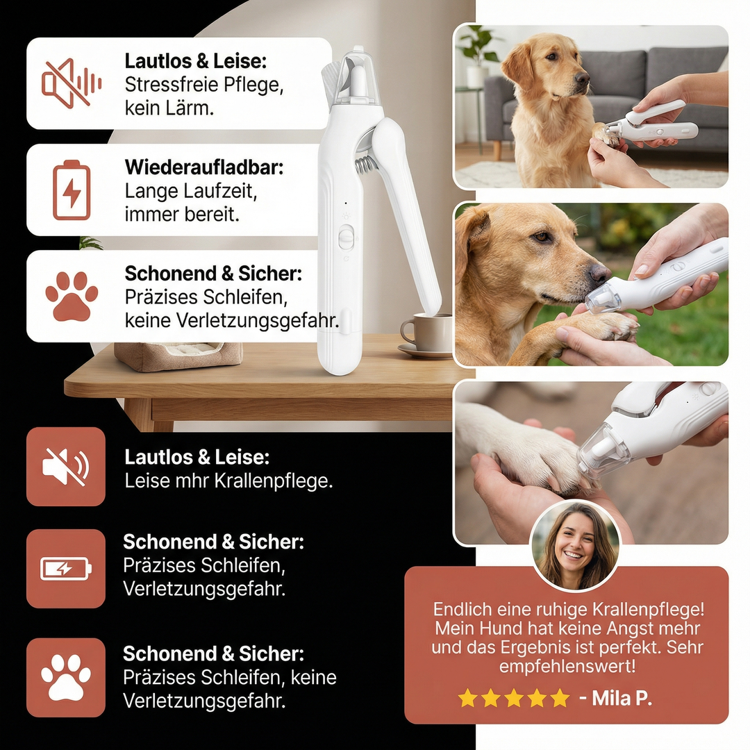 Ergonomisches, wiederaufladbares Krallenschleifgerät für Hunde, handlich und geräuscharm für die mobile Hundepflege.