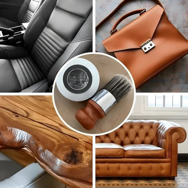 Anwendung von LeatherGlow Lederbalsam auf einem Ledersofa. Sorgt für Glanzpflege, Schutz & Auffrischung von Glattleder.