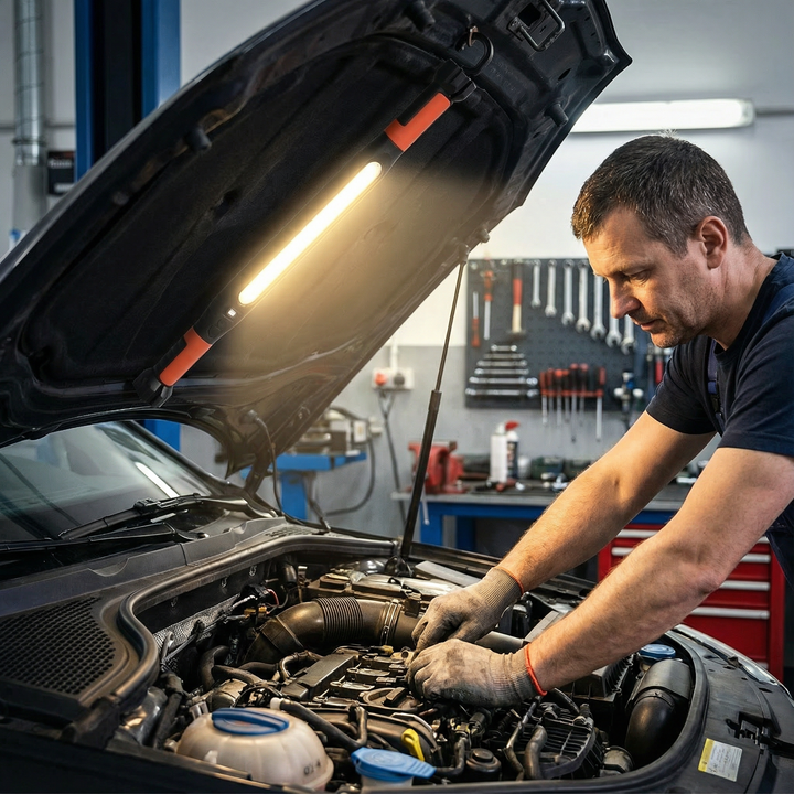 LED Akku-Arbeitslampe 3000 Lumen mit Magnetfuß & Haken, ideal für Werkstatt, Baustelle & Garage.