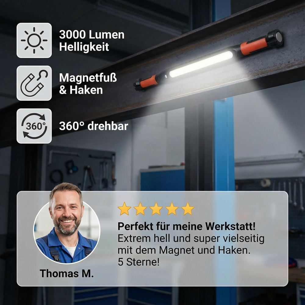Robuste LED Werkstattlampe 3000 Lumen mit Akku, 360° drehbar und USB aufladbar für Handwerker.