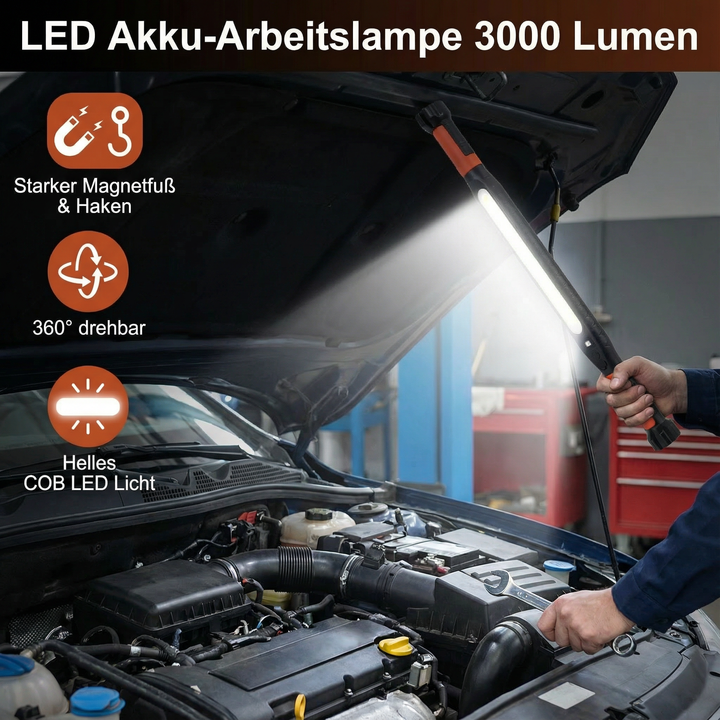 Vielseitige Akku Inspektionslampe mit starkem Magnetfuß, Haken & hoher Leuchtkraft 3000 Lumen.