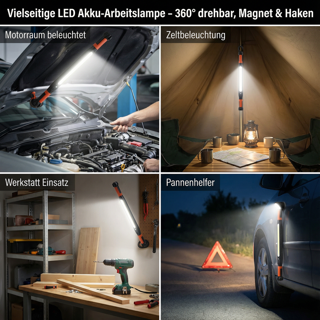 Mobile LED Baustellenlampe 3000 Lumen, 360° drehbar, mit Magnetfuß & Haken für flexible Beleuchtung.