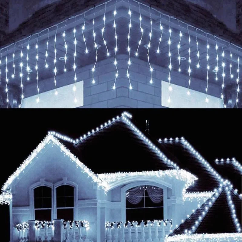 Funkelnde LED Eiszapfen Lichterkette mit 8 Modi, ideal als Weihnachtsdeko Vorhang für stimmungsvolle Beleuchtung.