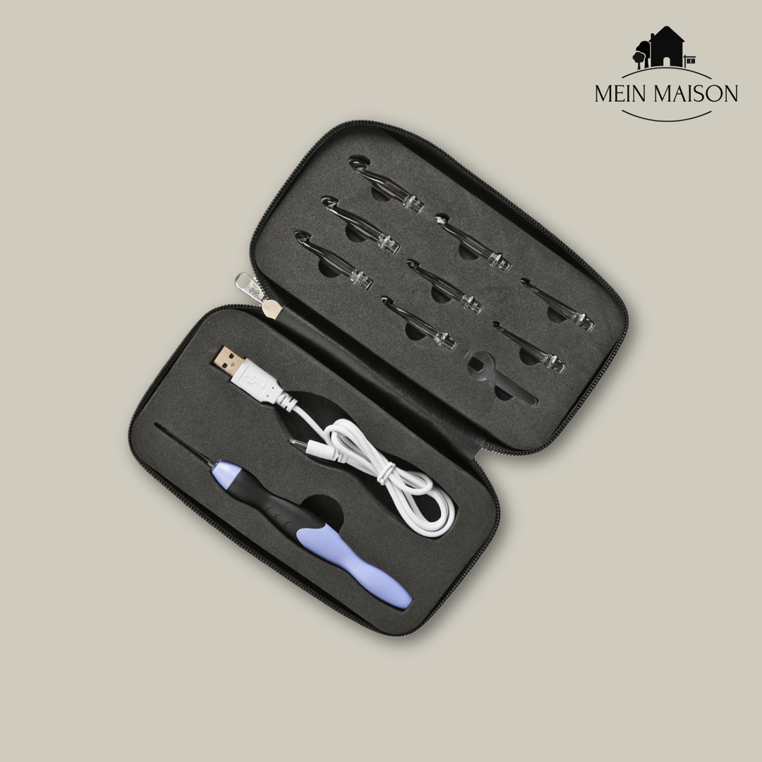 Praktisches LED-Häkelnadel-Set, einfach zu verstauen und ideal für Handarbeit unterwegs oder als Geschenkidee.