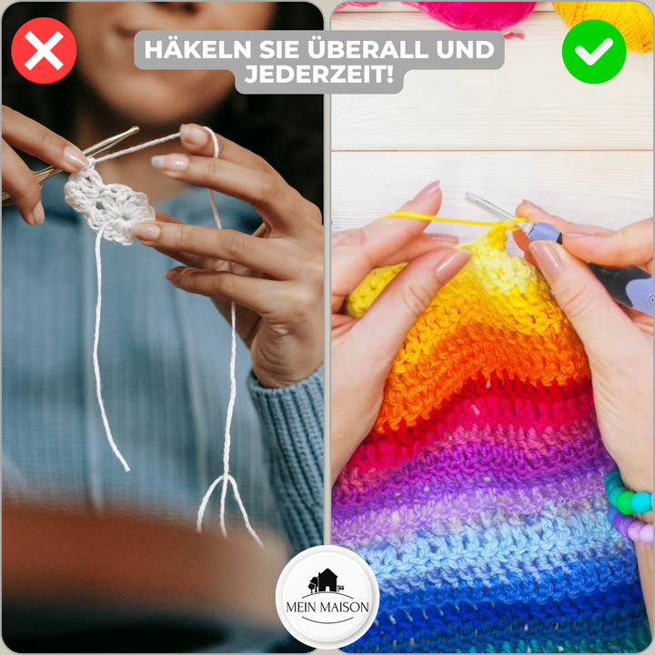 Nahaufnahme einer ergonomischen LED-Häkelnadel mit hellem Licht, perfekt für präzises Häkeln bei jeder Beleuchtung.