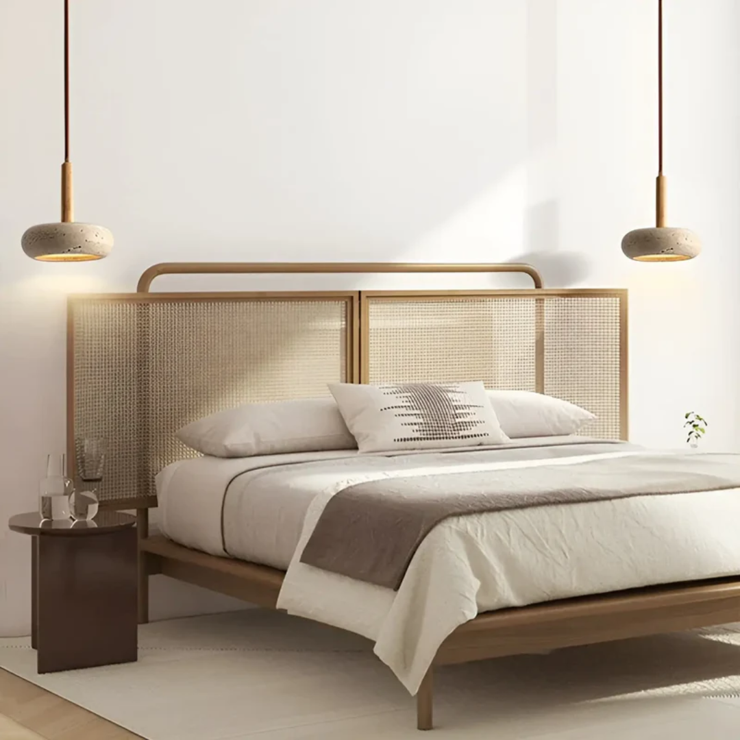 Detailaufnahme der japanischen LED-Deckenleuchte; natürliche Holzmaserung & Steinakzente für zeitloses Design.