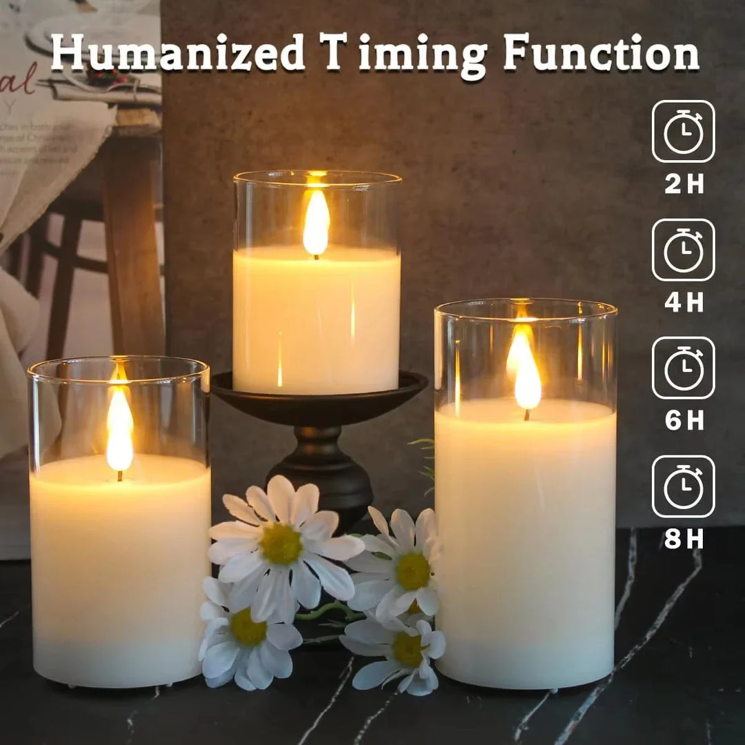 Modernes LED Kerzen Set für Zuhause: Flackerlicht, Glas-Design und praktische Fernbedienung für Gemütlichkeit.