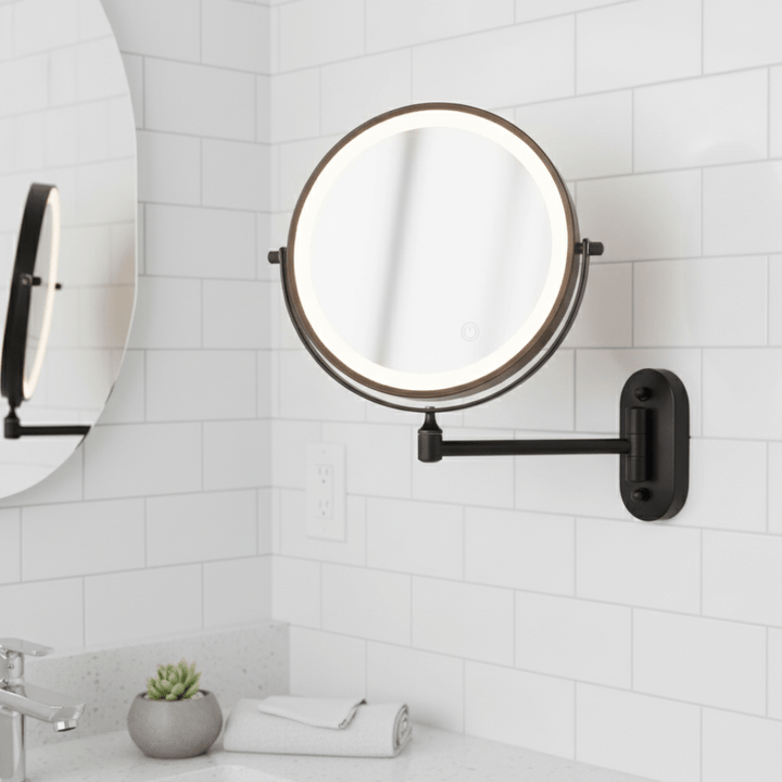 LED-Kosmetikspiegel mit Vergrößerung, kabellos & einstellbar, ideal für Make-up & Gesichtspflege.