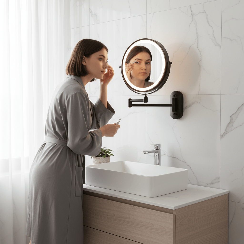Eleganter LED-Schminkspiegel in Chrom, wiederaufladbar, mit Vergrößerungsfunktion für präzises Styling.