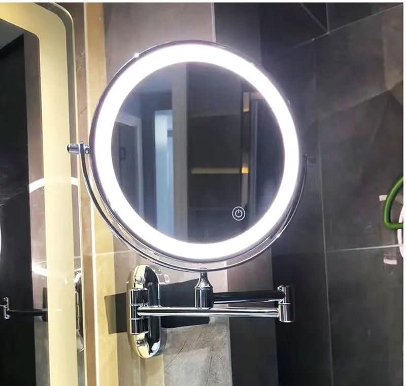 Kabelloser Kosmetikspiegel mit hellen LEDs, schwarz, mit Vergrößerung für Bad und Make-up Routine.