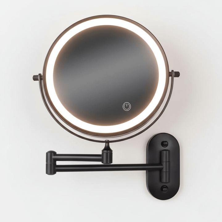 Hochwertiger Schminkspiegel mit LED-Beleuchtung und Vergrößerung, flexibel einstellbar für optimale Sicht.