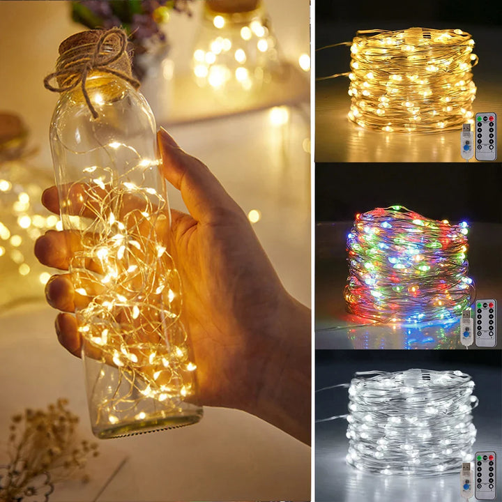 Warmweiße LED Lichterkette für stimmungsvolle Weihnachtsdekoration. Dimmbar, flexibel, wasserdicht für Innen- & Außenbereich.