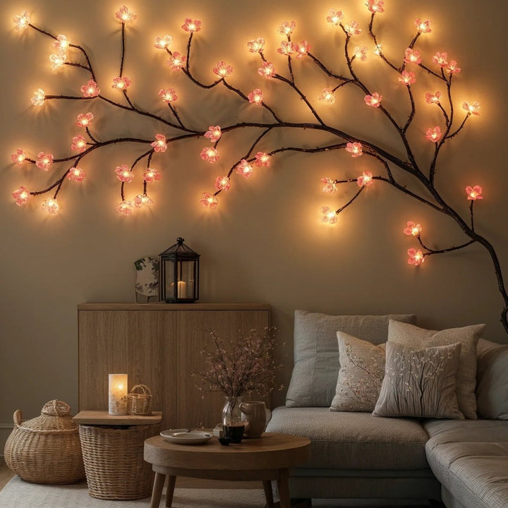 Sanft leuchtende LED-Lichterkette in Warmweiß und Rosa, schafft eine gemütliche Atmosphäre im Raum.