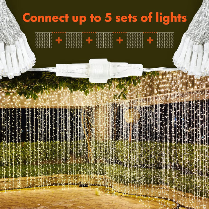 Outdoor-LED-Lichtervorhang, wasserdicht & solarbetrieben, ideal für festliche Gartenbeleuchtung.