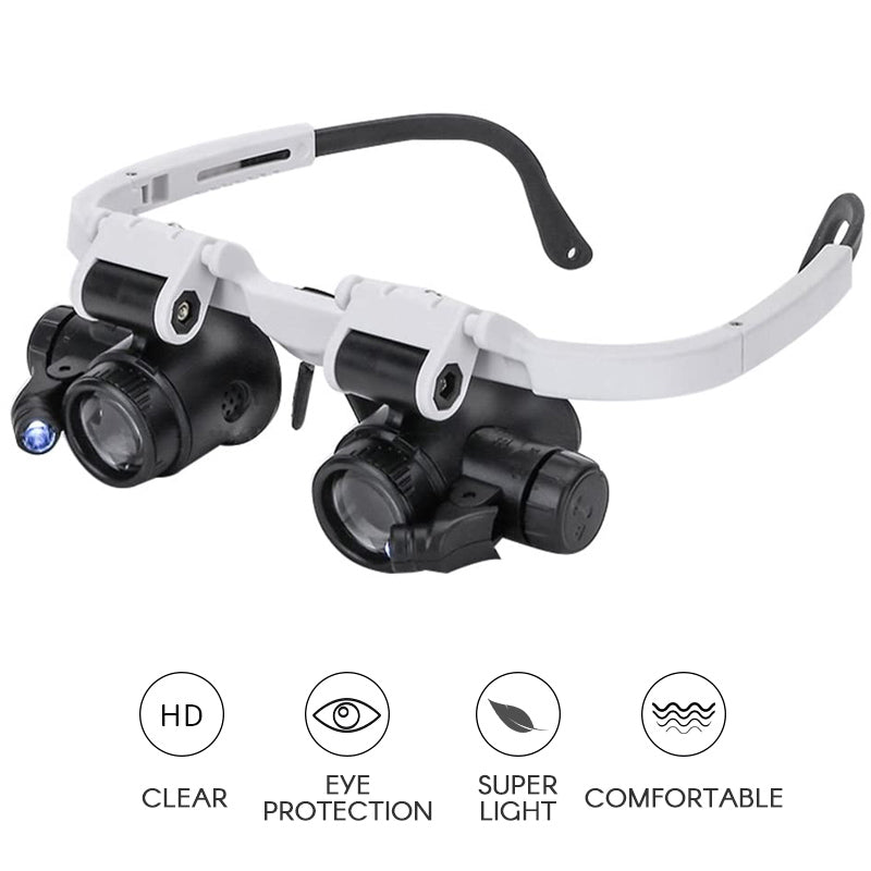 Ergonomische Lupenbrille mit LED-Beleuchtung, bietet klare Sicht und Augenhilfe bei Präzisionsaufgaben.
