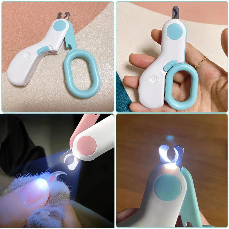 Nahaufnahme eines LED-Nagelknipsers für Haustiere, sichere Krallenpflege für Hunde und Katzen.
