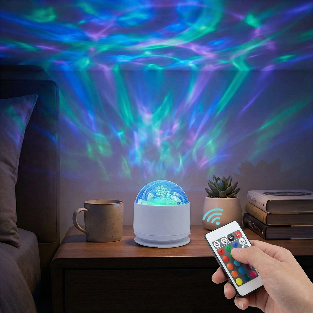 LED Nordlicht-Projektorlampe, 16 Farben, Fernbedienung. Schafft beruhigendes Polarlicht-Ambiente in Schlafzimmern.