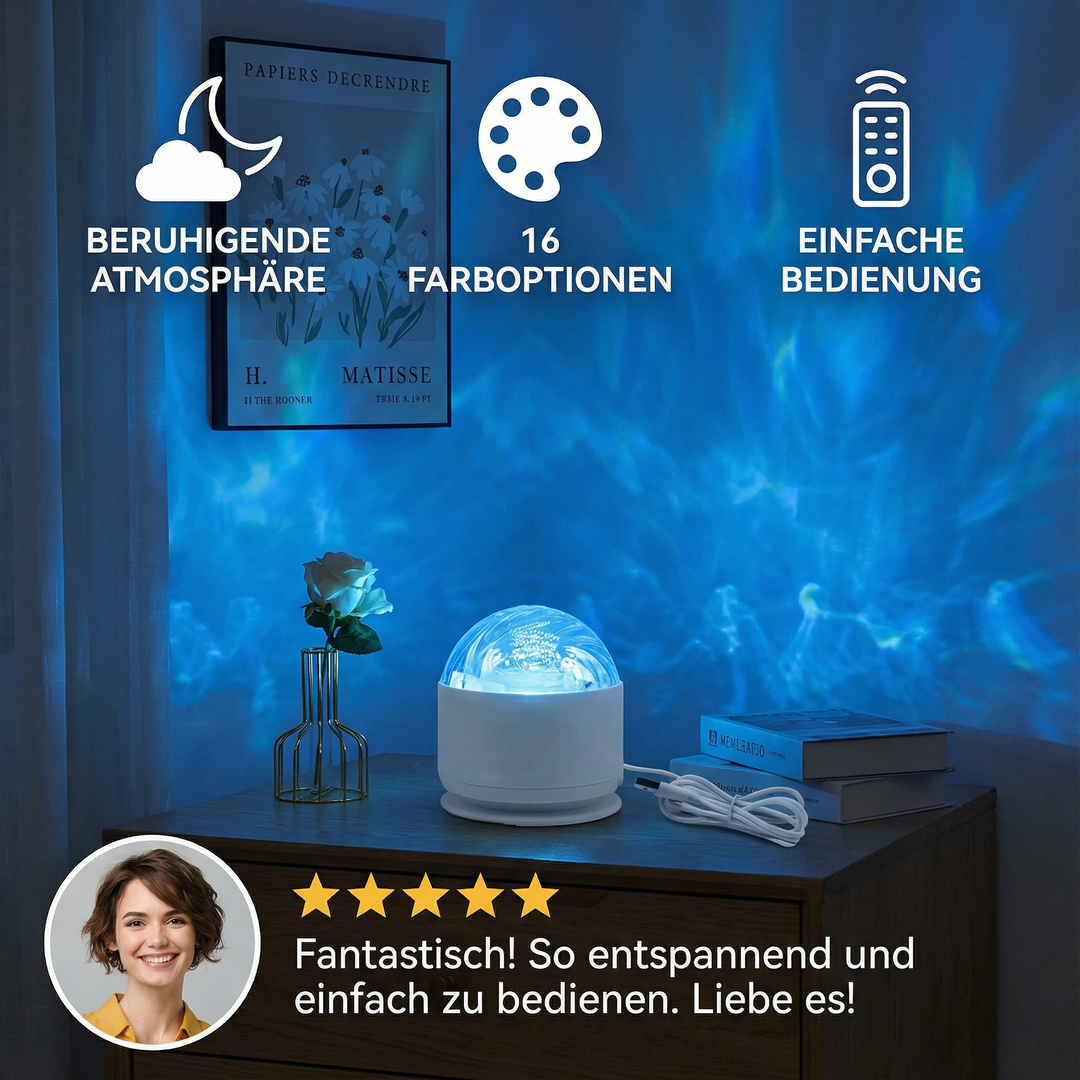 LED Nordlicht-Projektorlampe schafft traumhaftes Polarlicht-Ambiente. 16 Farben, Fernbedienung für Entspannung.