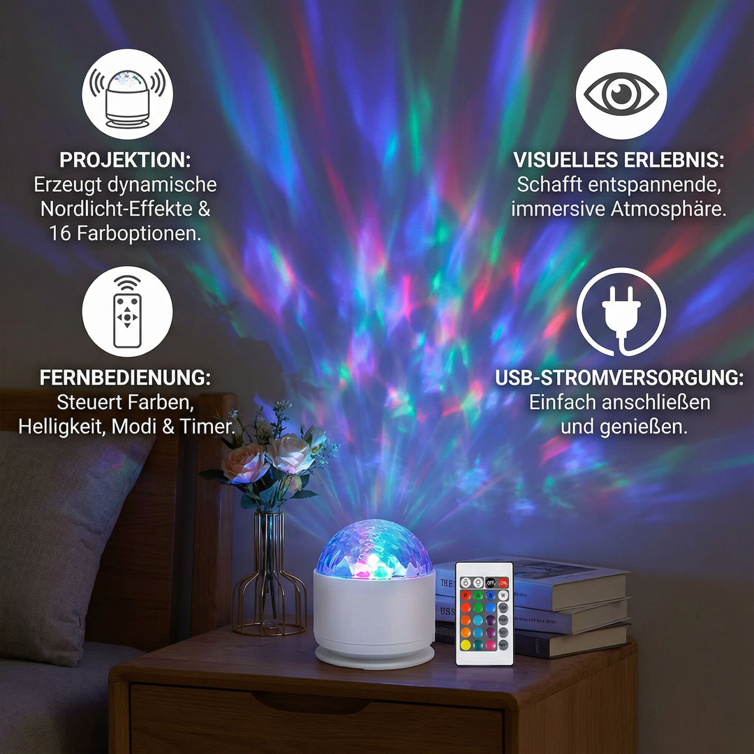 LED Nordlicht-Projektorlampe mit Fernbedienung. 16 dynamische Farben für Polarlicht-Effekte im Schlafzimmer.