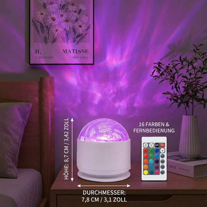 Moderne LED Nordlicht-Projektorlampe. 16 Farben, Fernbedienung für entspannte Polarlicht-Atmosphäre. Wohnzimmer, Schlafzimmer.