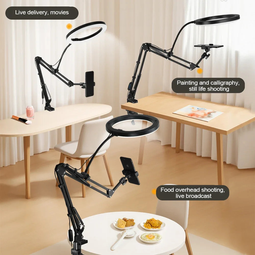 Flexible LED Tischleuchte mit Ringlicht & Handyhalterung für optimale Beleuchtung bei Fotos & Videos.