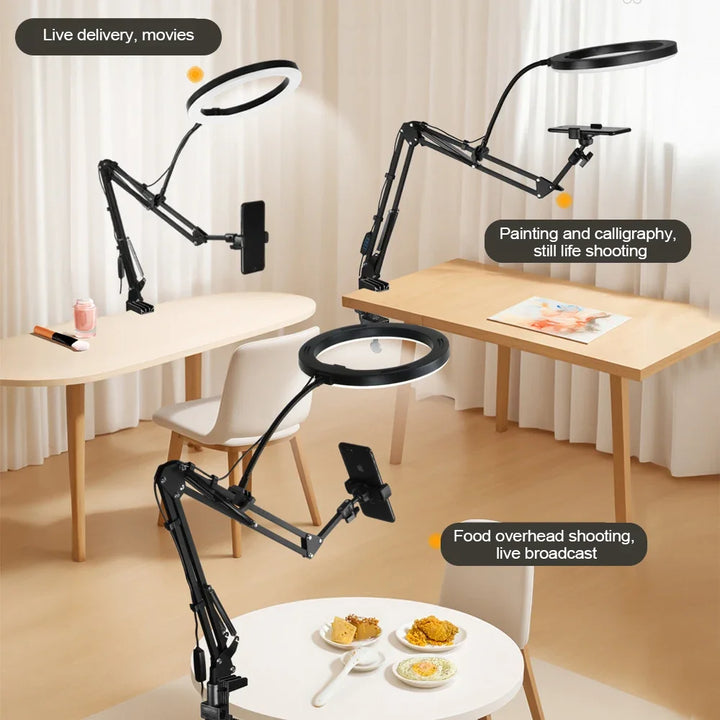 Flexible LED Tischleuchte mit Ringlicht & Handyhalterung für optimale Beleuchtung bei Fotos & Videos.