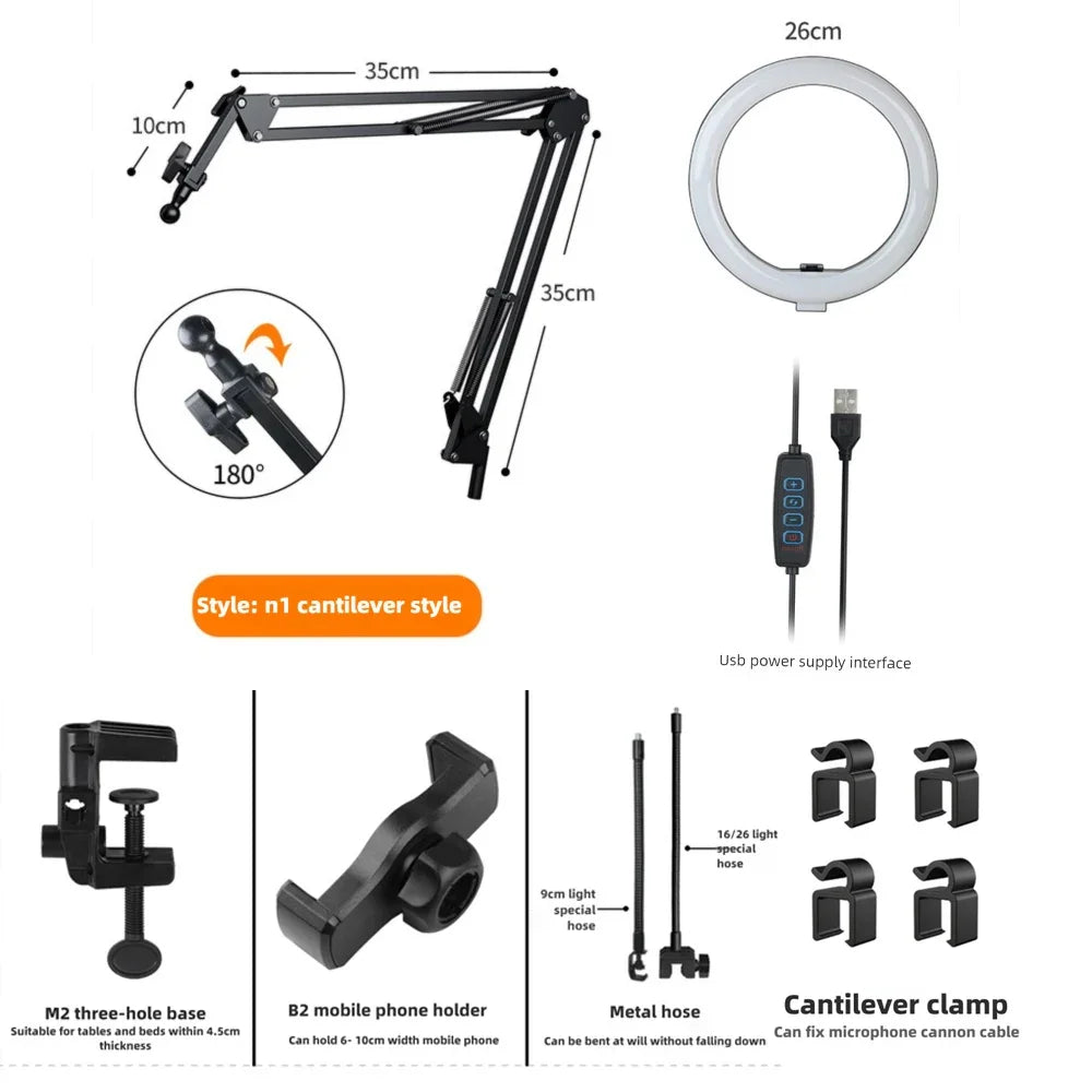 Dimmbare LED Ringleuchte mit verstellbarem Flexarm & Smartphone-Halterung für perfekte Videoaufnahmen.