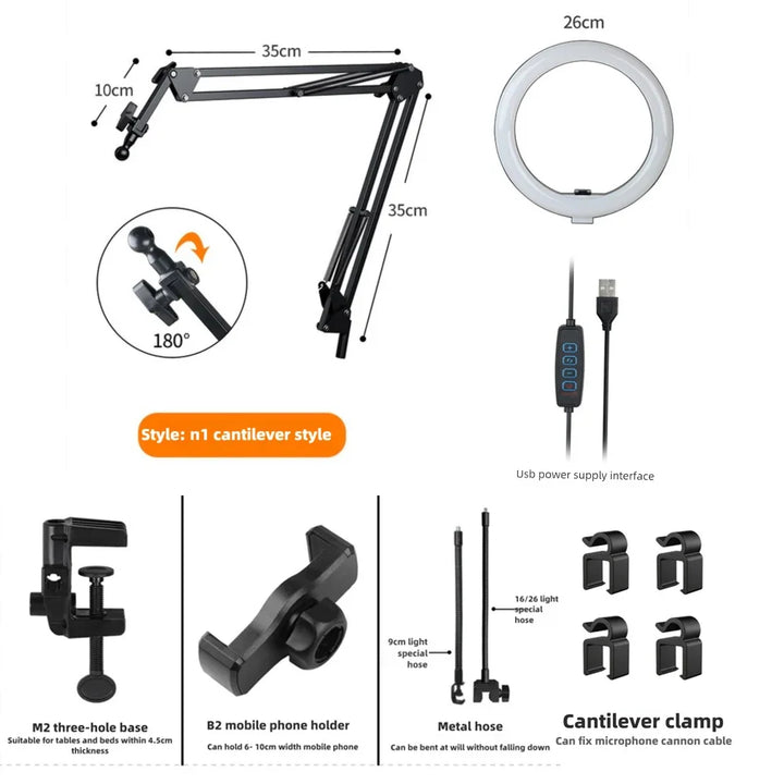 Dimmbare LED Ringleuchte mit verstellbarem Flexarm & Smartphone-Halterung für perfekte Videoaufnahmen.