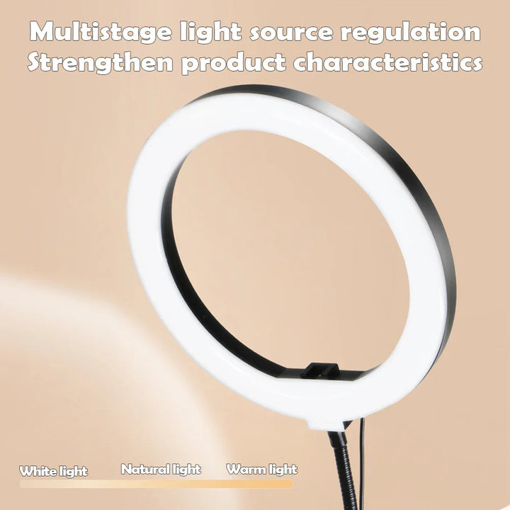 Kompakte LED Ringleuchte mit USB-Stromversorgung, Flexarm & Handyhalterung als Tischleuchte für Vlogs.