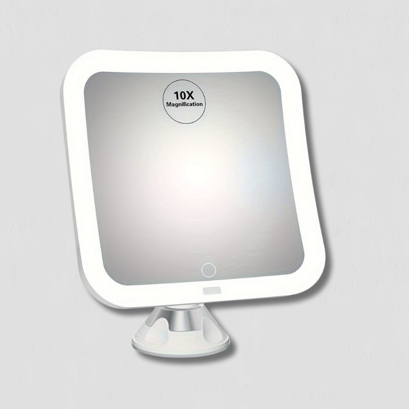 LED Schminkspiegel mit 10x Vergrößerung, Touch-Steuerung & Saugnapf. Perfekt für Make-up & Gesichtspflege.