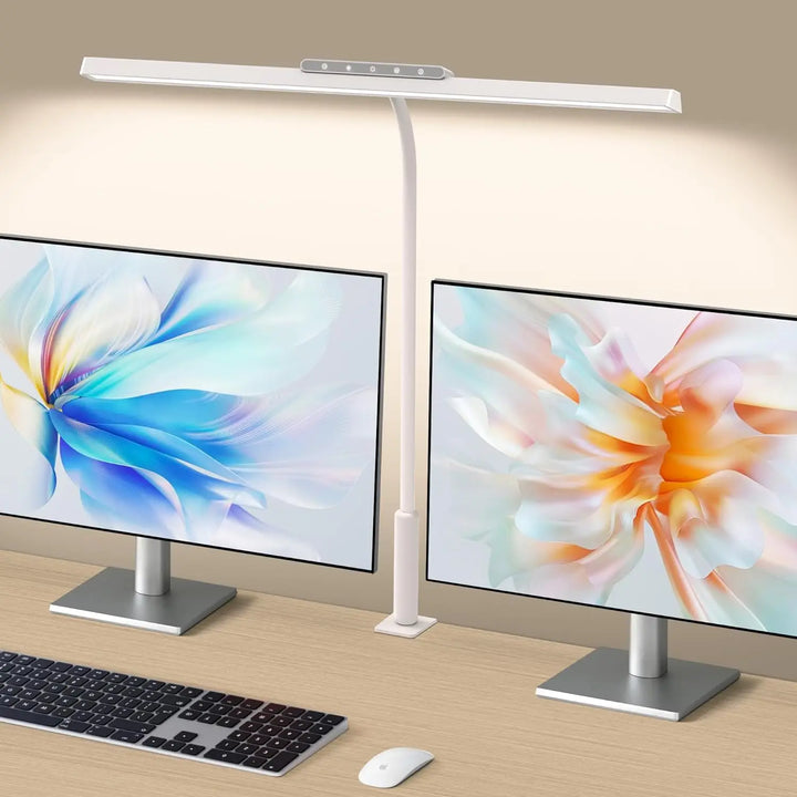 Schreibtischlampe mit stabiler Klemme, LED, dimmbar, extra breit und augenfreundlich, ideal für modernes Büro oder Home Office.