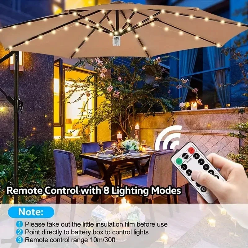 Batteriebetriebene LED-Beleuchtung für Sonnenschirm, 8 Modi für stimmungsvolle Garten-Atmosphäre.