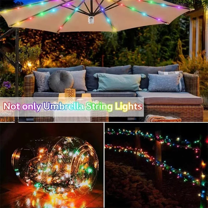 Einfach zu installierende LED-Lichterkette für Sonnenschirme, schafft gemütliches Licht auf der Terrasse.